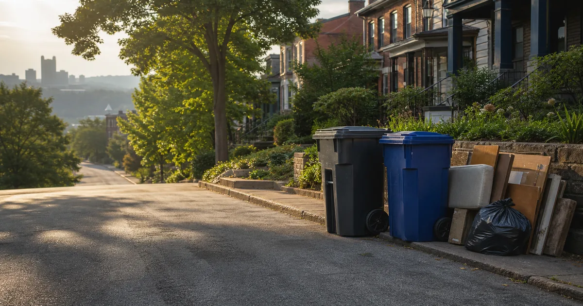 Trash and recycling bins on a Pittsburgh street