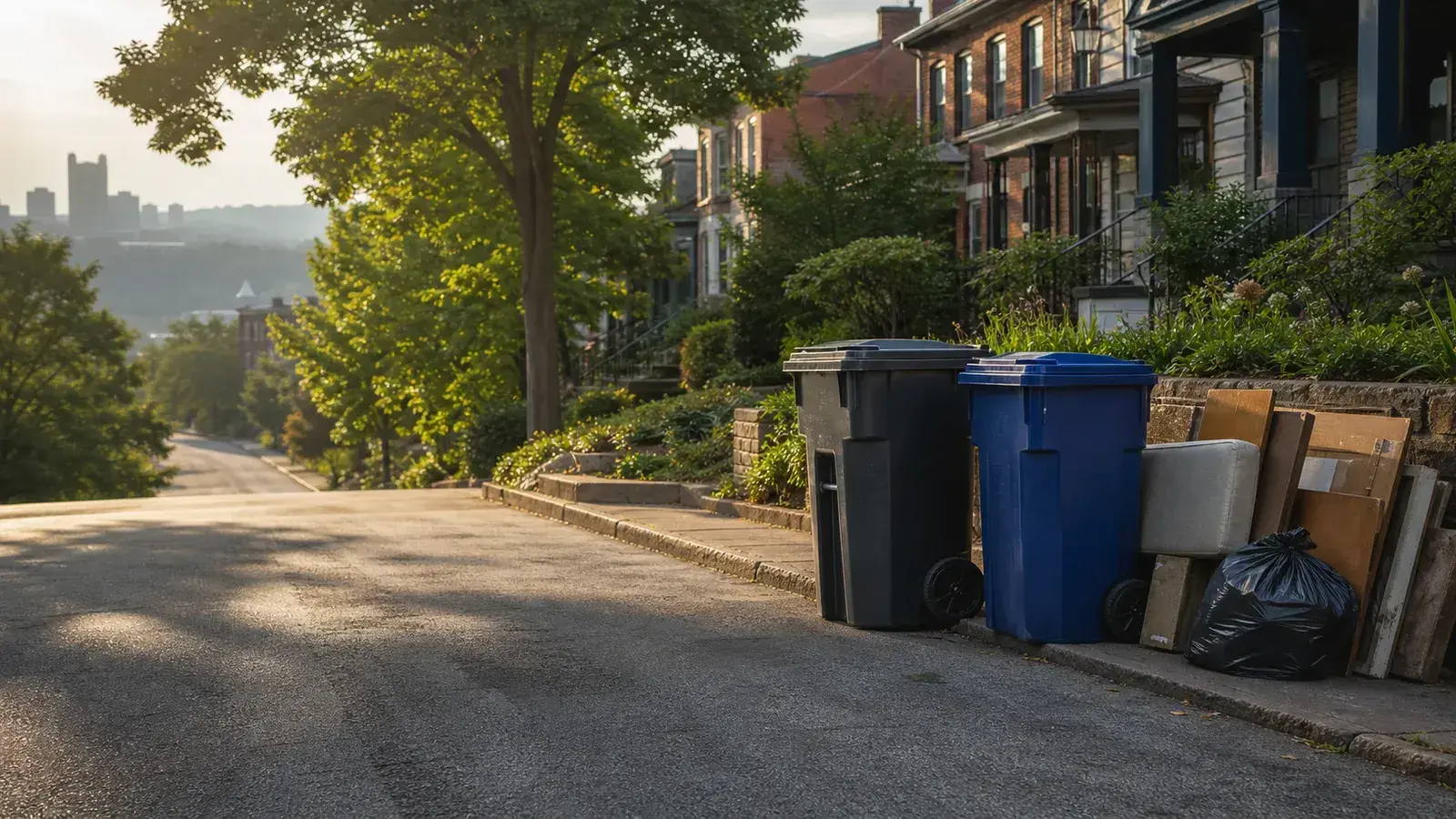 Trash and recycling bins with bulk items on a Pittsburgh residential street