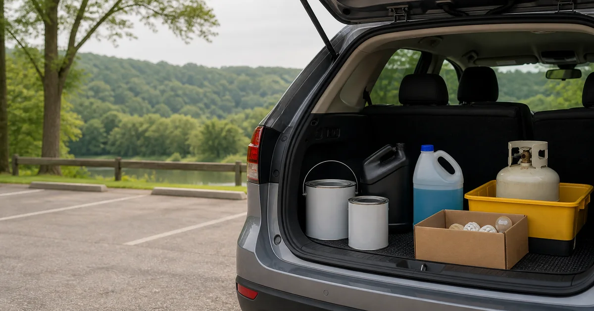 Editorial image of sealed paint cans, automotive fluids, a small propane cylinder, and bulbs secured in the open trunk of a vehicle