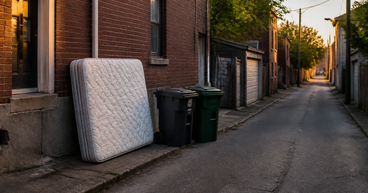 Single mattress placed neatly beside closed refuse cans in a Pittsburgh residential service lane