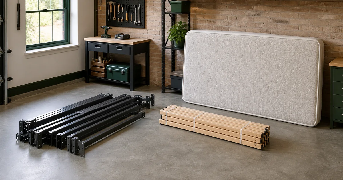 Metal bed rails, bundled wooden slats, and an intact box spring sorted in a tidy garage