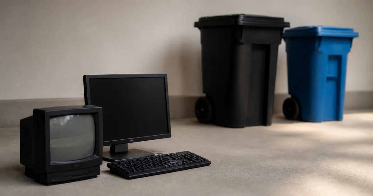 Television, computer monitor, and keyboard kept separate from black trash and blue recycling carts