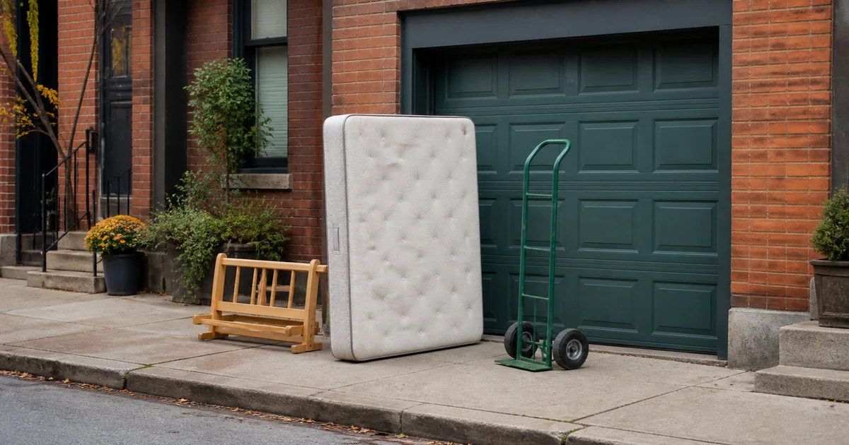 Mattress, wooden bed component, and hand truck arranged outside a Pittsburgh brick row house