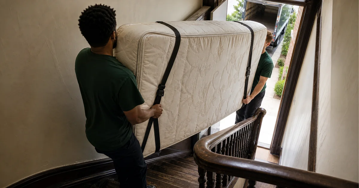 Two movers using straps to carry a mattress down the narrow stairs of a Pittsburgh row house