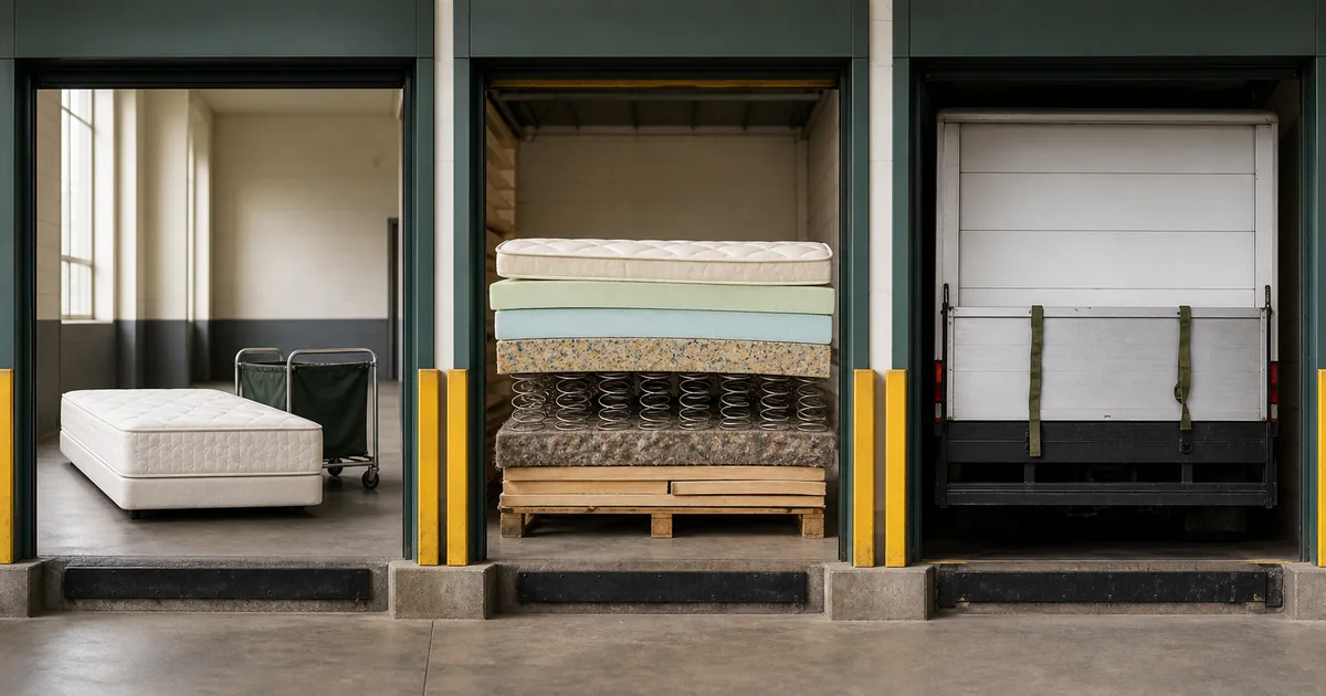 Three bays showing a reusable mattress, separated mattress materials, and a hauling truck