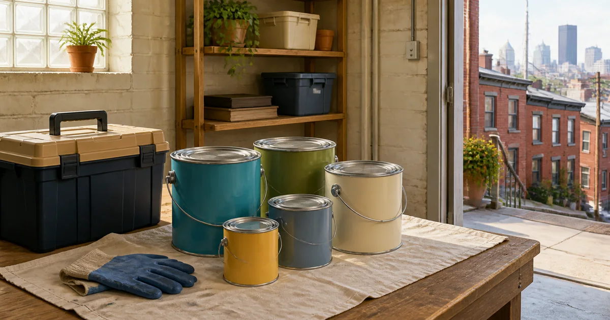 Securely closed paint cans and gloves arranged on a workbench in a Pittsburgh row-house garage