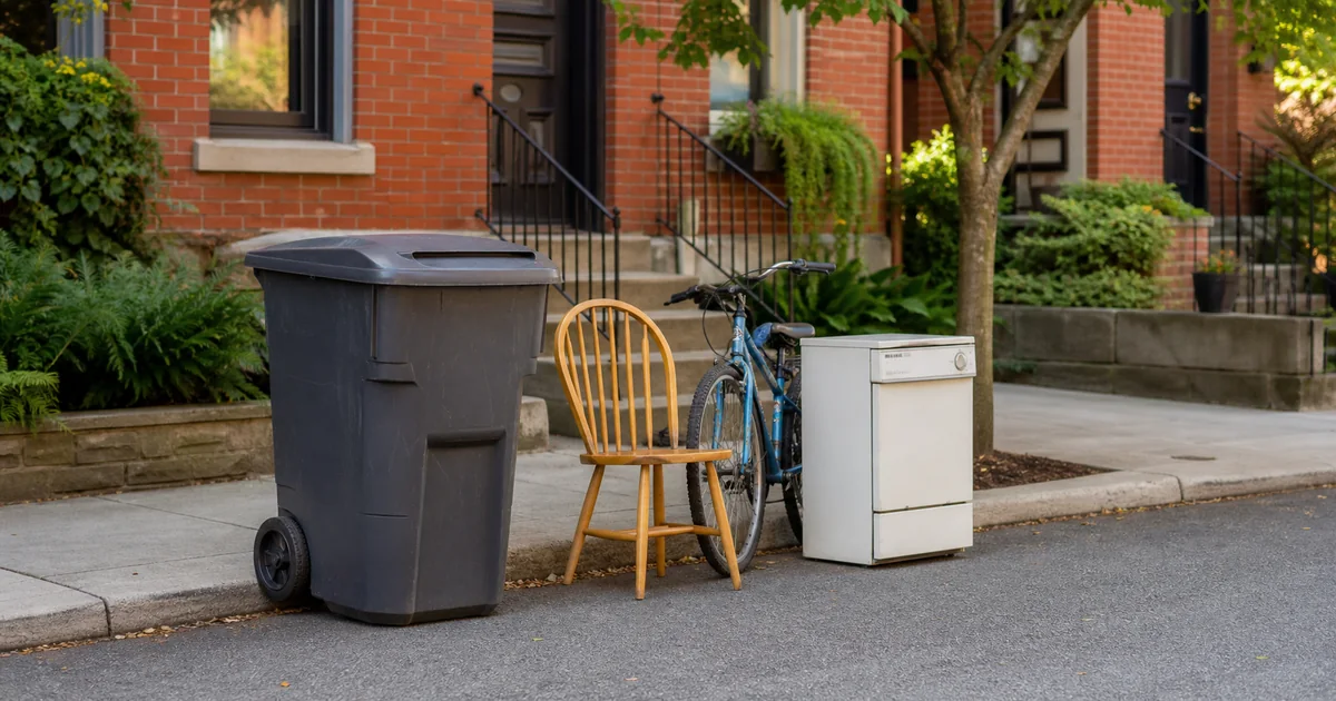 Lidded refuse cart, wooden chair, bicycle, and compact non-refrigerant appliance arranged neatly at a Pittsburgh curb