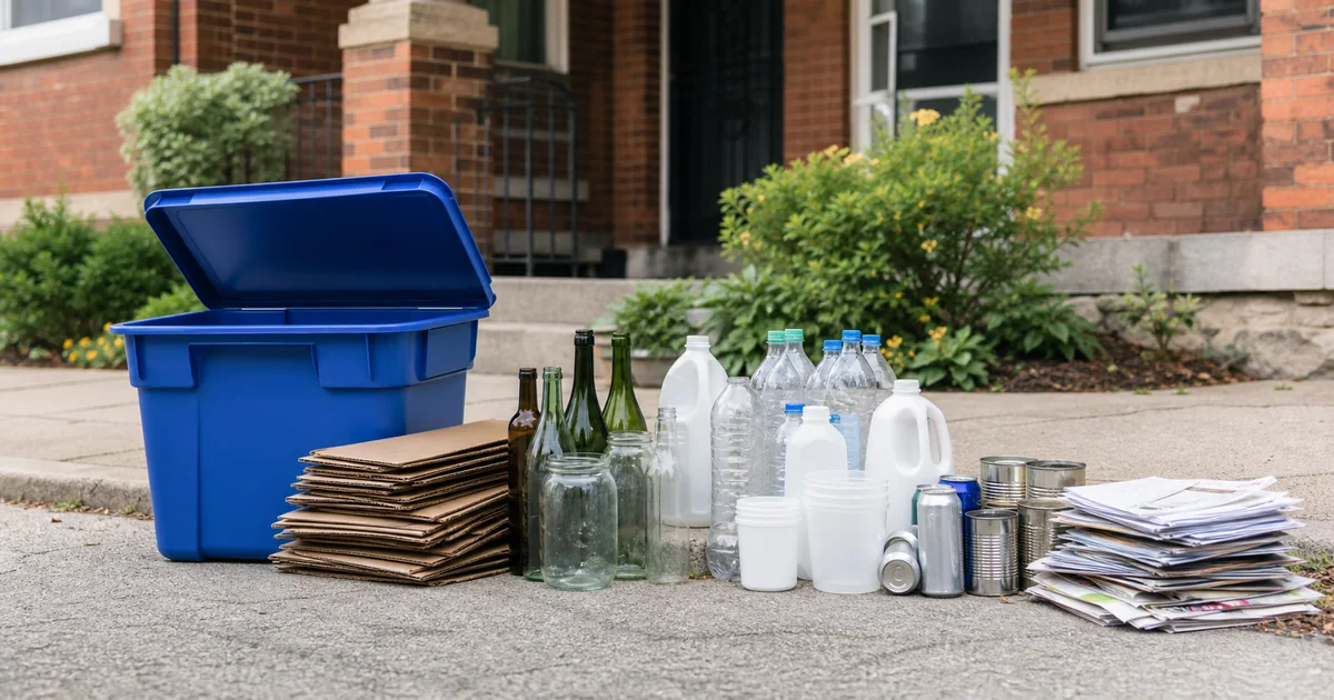 Loose cardboard, glass bottles and jars, plastic bottles and tubs, metal cans, and mixed paper arranged beside a blue recycling bin