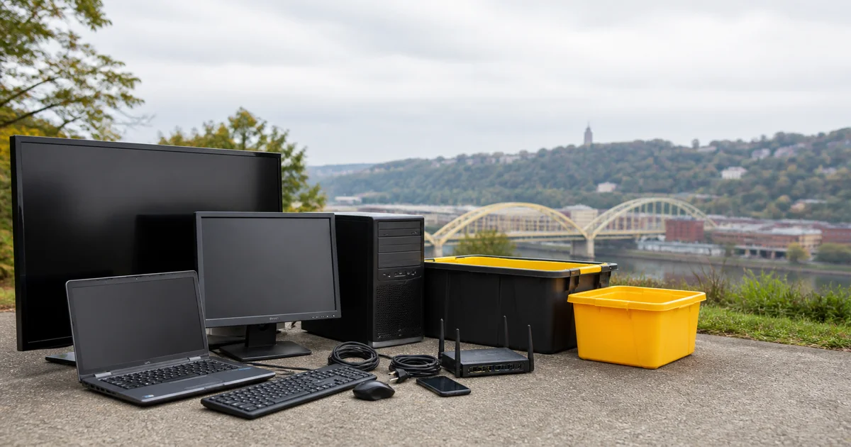 Editorial image of televisions, a computer, laptop, cables, and router prepared for electronics recycling with a Pittsburgh bridge in the distance