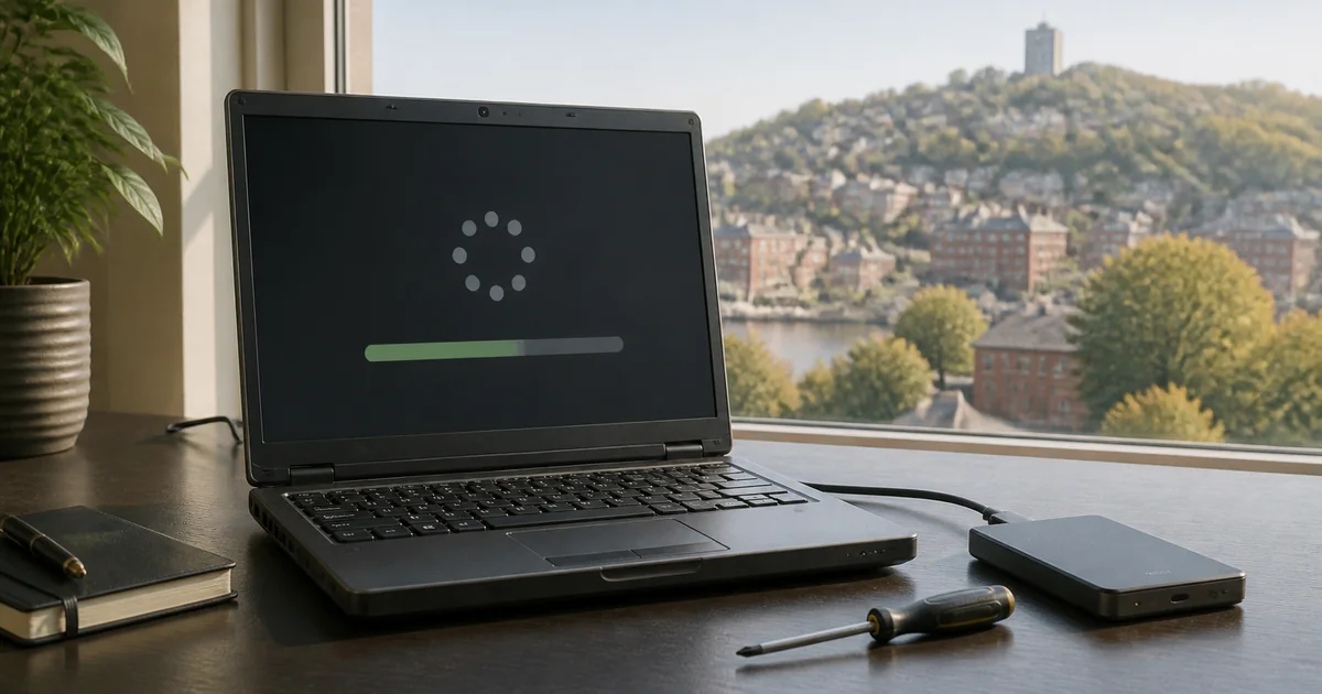 Older laptop running a generic reset process beside a backup drive and screwdriver with a Pittsburgh hillside neighborhood beyond the window