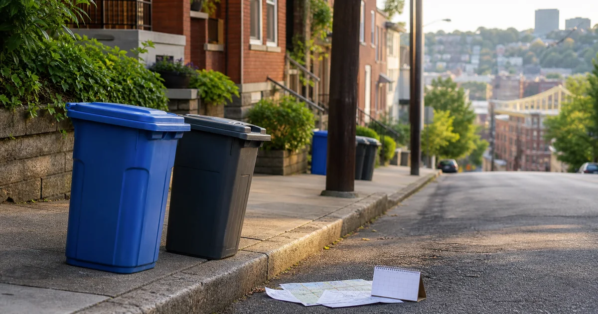 Blue recycling and dark refuse bins set out on a steep Pittsburgh street with a calendar and route map in the foreground