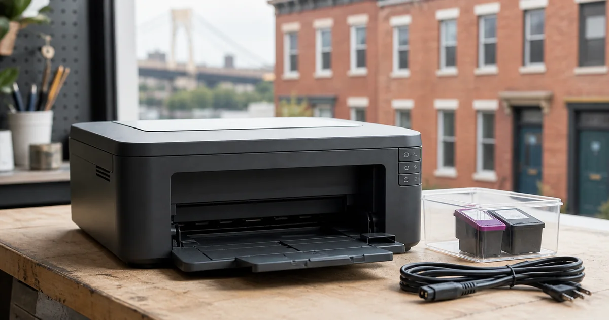 Home printer, separated ink cartridges, and power cord prepared for recycling with Pittsburgh rowhouses in the background