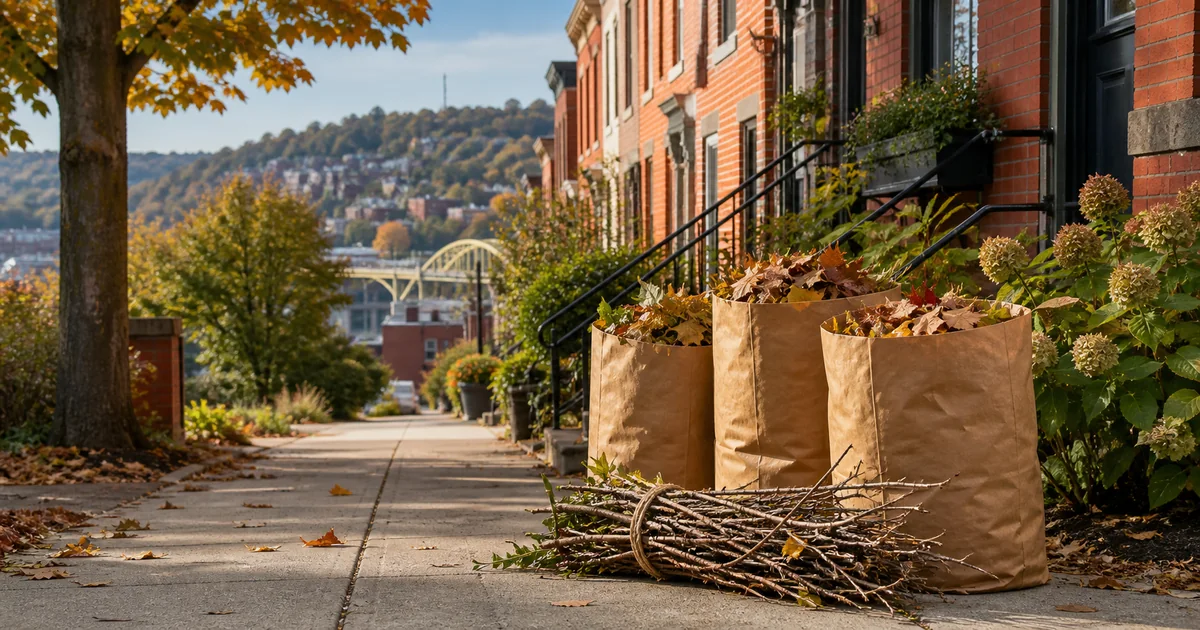 Brown paper leaf bags and branches tied with natural twine on a Pittsburgh row-house sidewalk