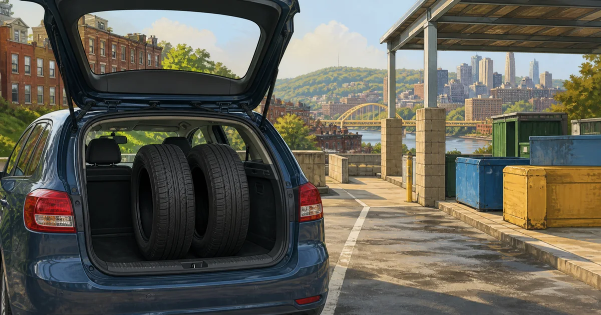 Two rimless passenger tires secured in a car at a Pittsburgh public works drop-off