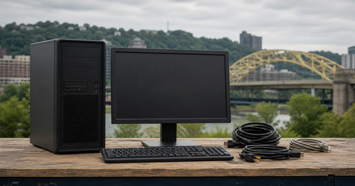 Desktop computer, monitor, keyboard, and cables prepared for recycling with a Pittsburgh bridge and hillside in the background